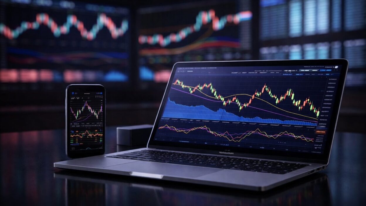 Finanzdiagramme auf MacBook und Smartphone