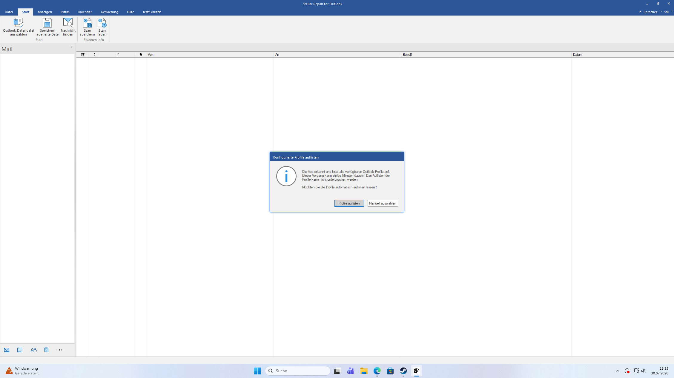 Start von Stellar Repair for Outlook mit automatischer Profilsuche und manueller Auswahl