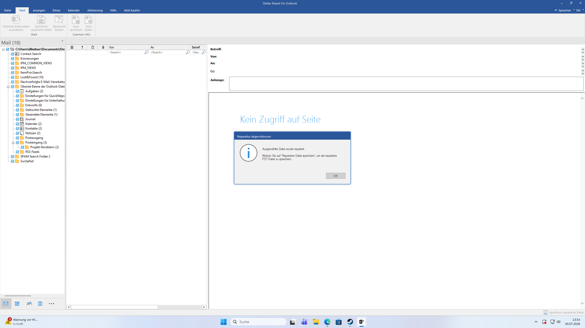 Abgeschlossener Reparaturscan mit wiederhergestellter Outlook-Ordnerstruktur