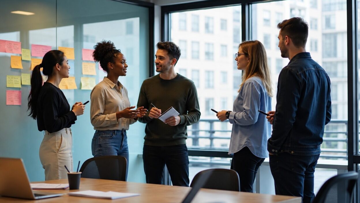 Team bespricht agile Produktplanung in einem modernen Büro