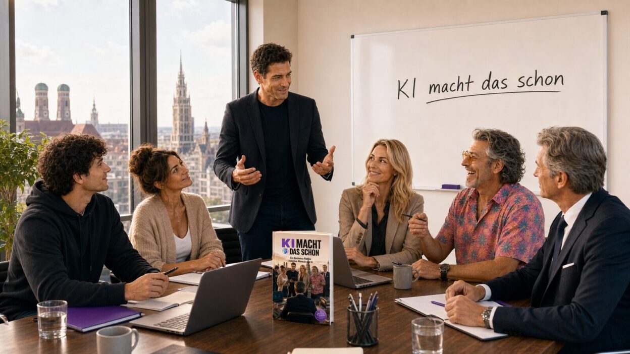 Team aus dem KI-Business-Roman KI macht das schon bei einem Büromeeting in München