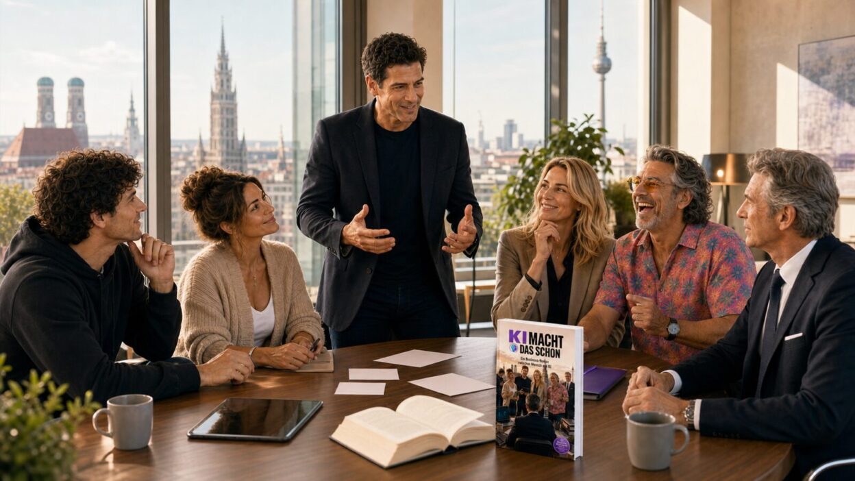Team aus einem Business-Roman diskutiert Veränderung in einem Münchner Büro