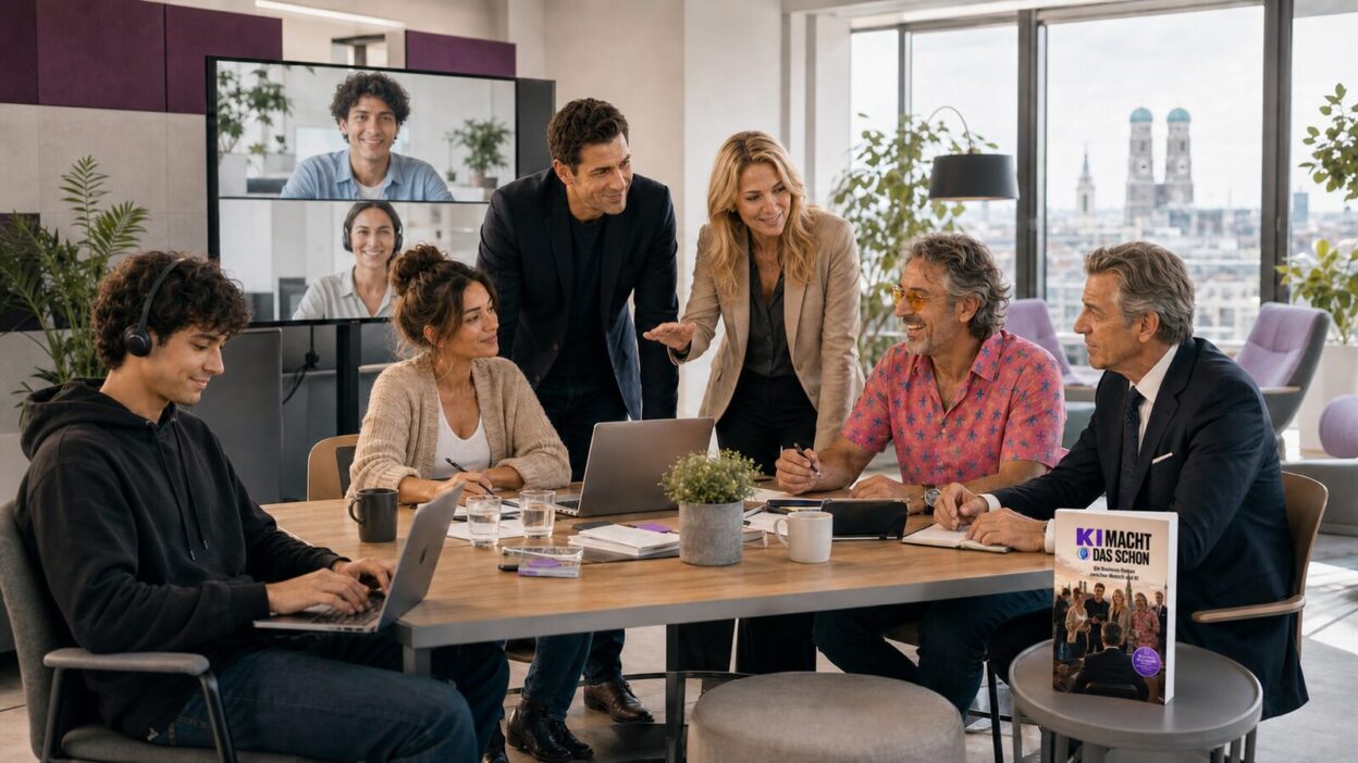 Team aus dem KI-Roman arbeitet hybrid in einem modernen Münchner Büro