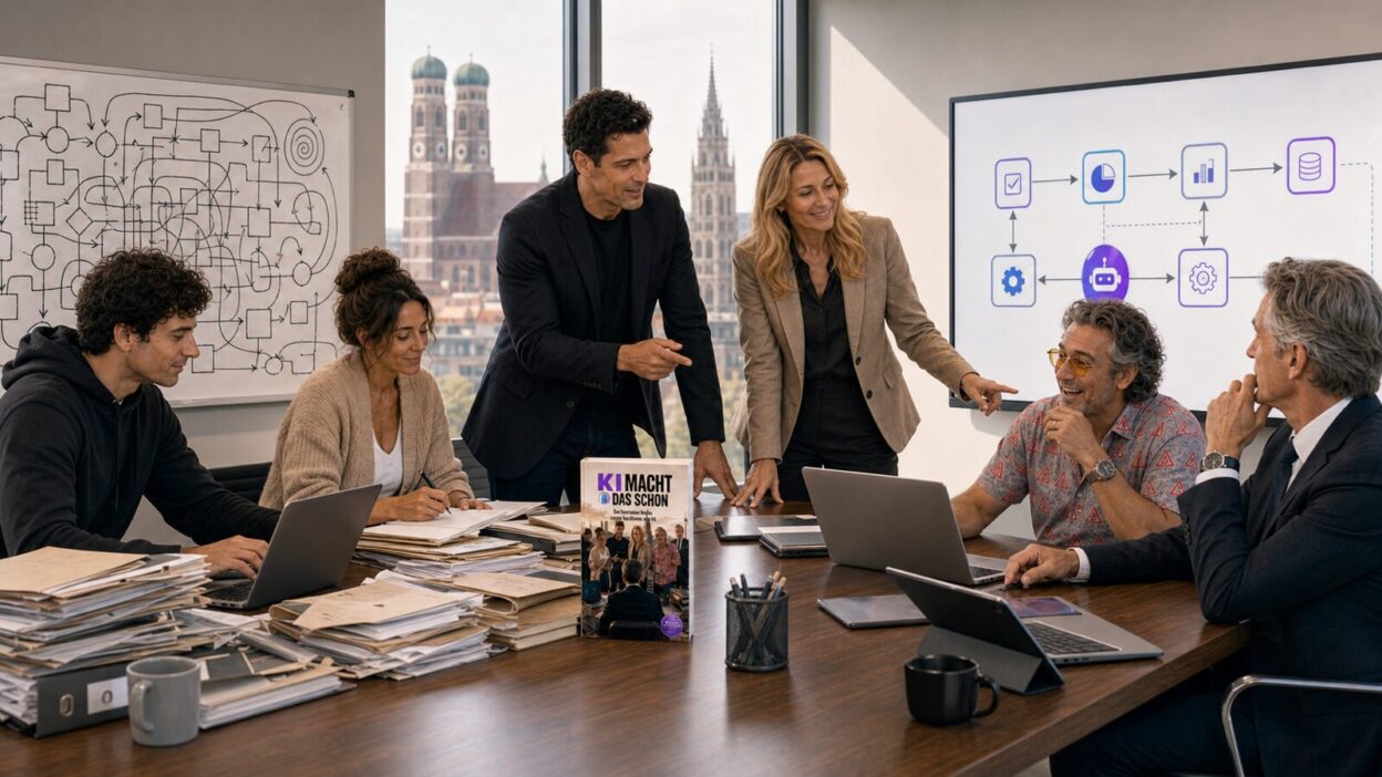 Team vergleicht alte Büroprozesse mit einer modernen digitalen Arbeitsweise