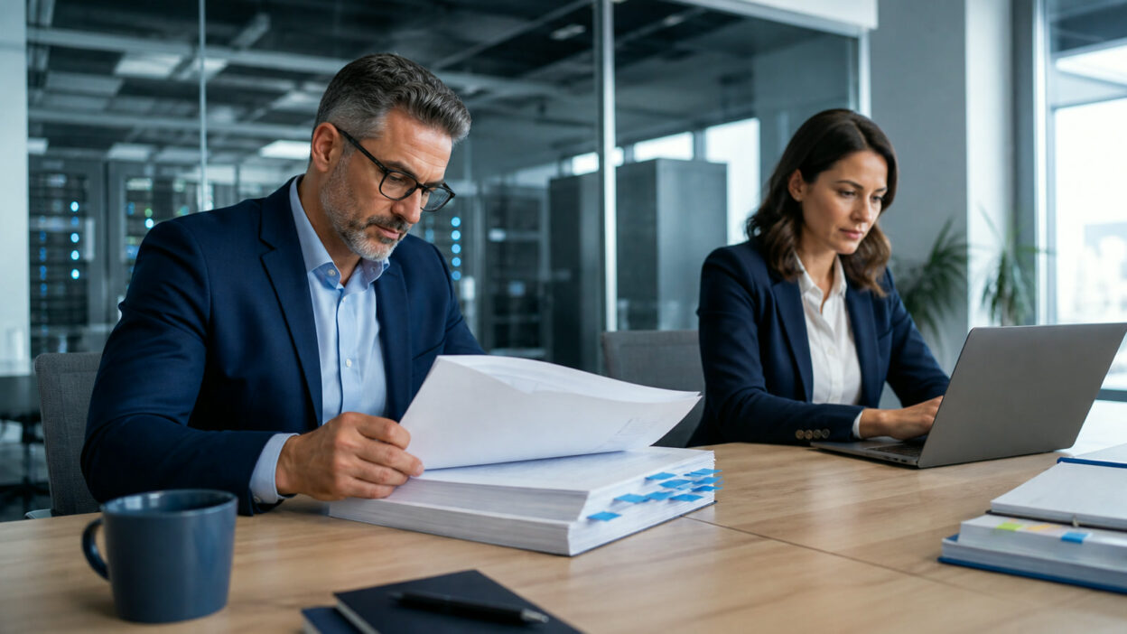 Professionelle Business-Szene zum Thema „C5-Bericht prüfen: So erkennen Cloud-Kunden Lücken und offene Pflichten“