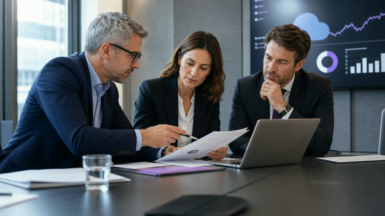 Professionelle Business-Szene zum Thema „Cloud-Vertrag auf Informationssicherheit prüfen: 12 BSI-relevante Klauseln“