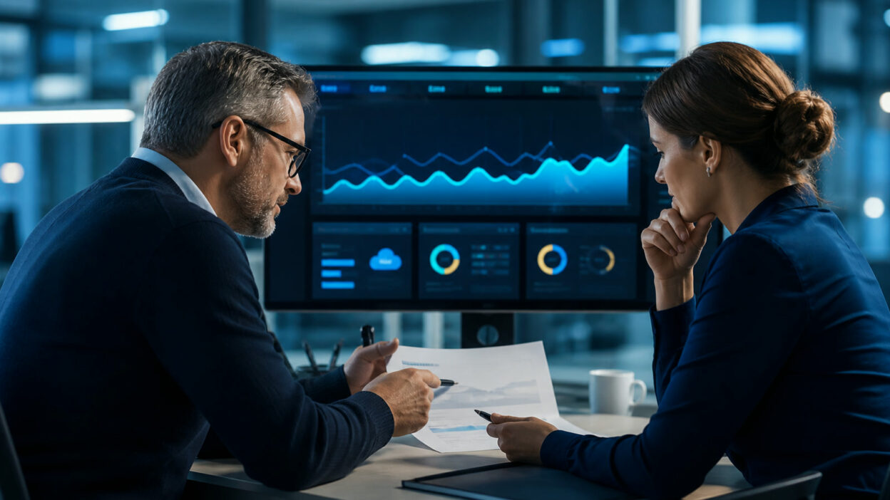 Professionelle Business-Szene zum Thema „Cloud-SLA prüfen: Verfügbarkeit, Reaktionszeiten und Sicherheitsvorfälle“