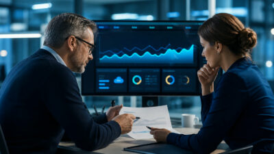 Professionelle Business-Szene zum Thema „Cloud-SLA prüfen: Verfügbarkeit, Reaktionszeiten und Sicherheitsvorfälle“