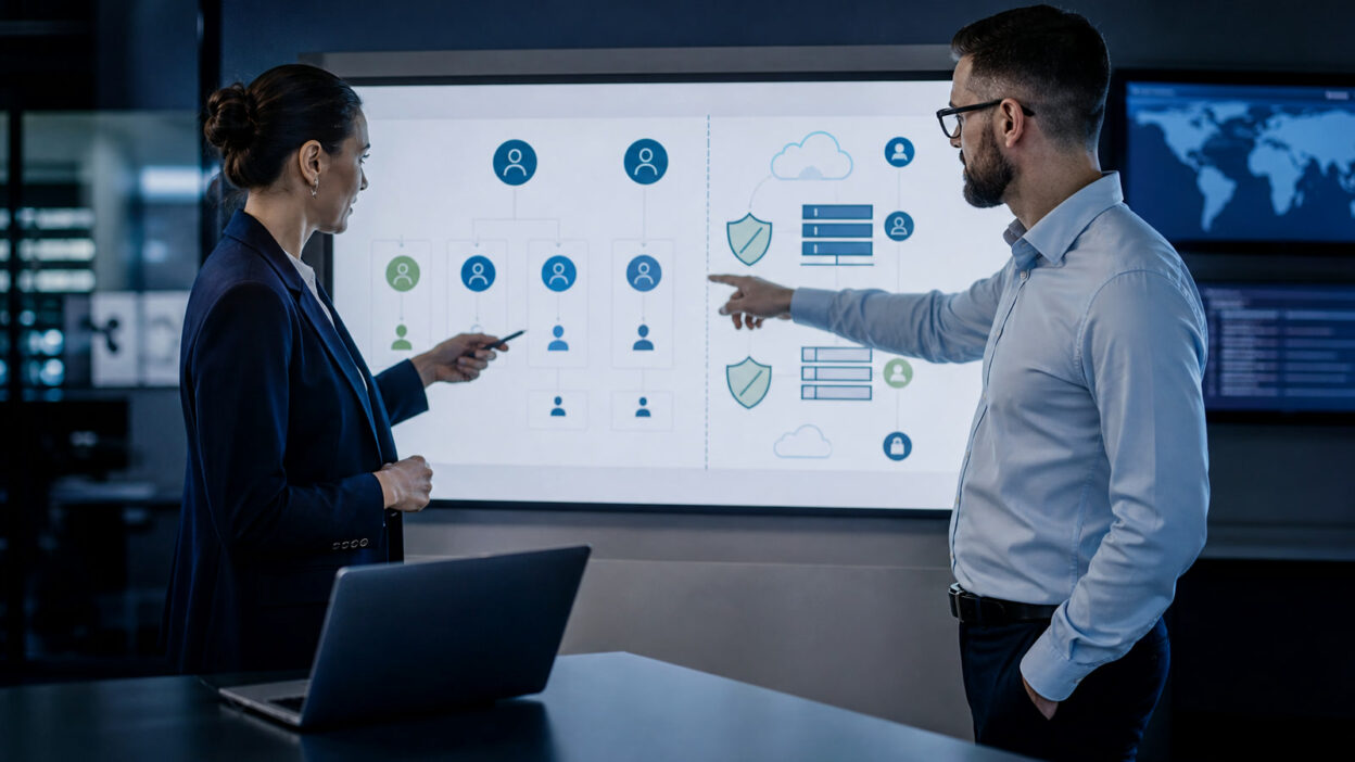 Professionelle Business-Szene zum Thema „Sicherheitskonzept eines Cloud-Anbieters prüfen: Nachweise statt Werbeversprechen“