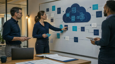 Professionelle Business-Szene zum Thema „Cloud-Exit-Strategie prüfen: Datenexport, Migration und Löschung absichern“