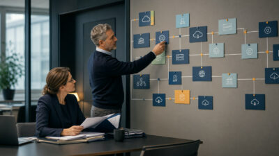 Professionelle Business-Szene zum Thema „Subdienstleister bei Cloud-Anbietern prüfen: Lieferkette und Verantwortlichkeiten“