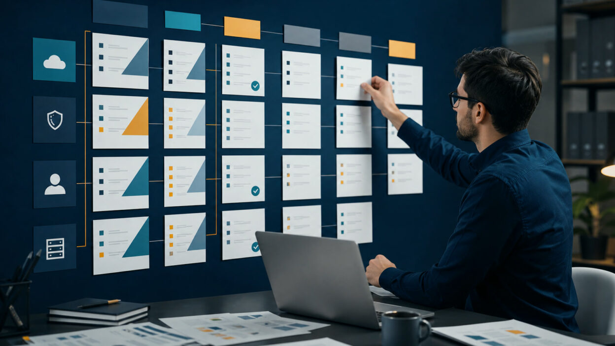 Professionelle Business-Szene zum Thema „BSI-Prüfmatrix erstellen: Anforderungen mit Dokumenten und Seiten verknüpfen“