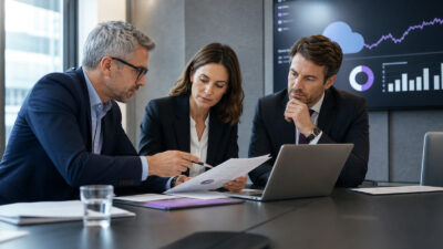 Professionelle Business-Szene zum Thema „Dokumente rechtssicher prüfen: Wo Software hilft und wann eine Rechtsprüfung notwendig bleibt“