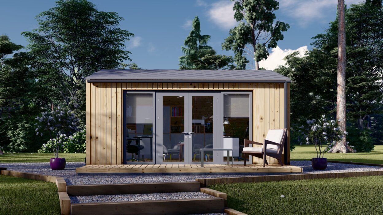 Modernes Gartenhaus aus Holz mit großer Glasfront, Arbeitsplatz und Sitzbereich im Garten
