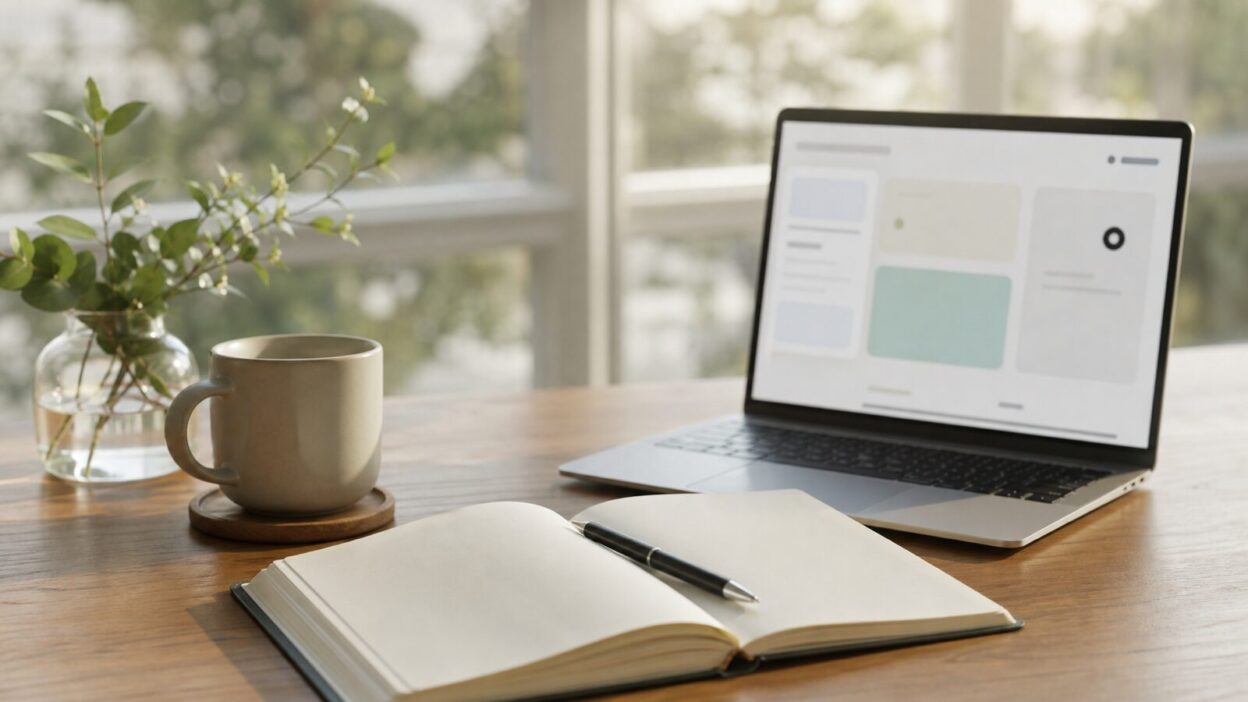 Moderner Arbeitsplatz mit Laptop, Kaffeetasse und Notizbuch für digitales und agiles Lernen
