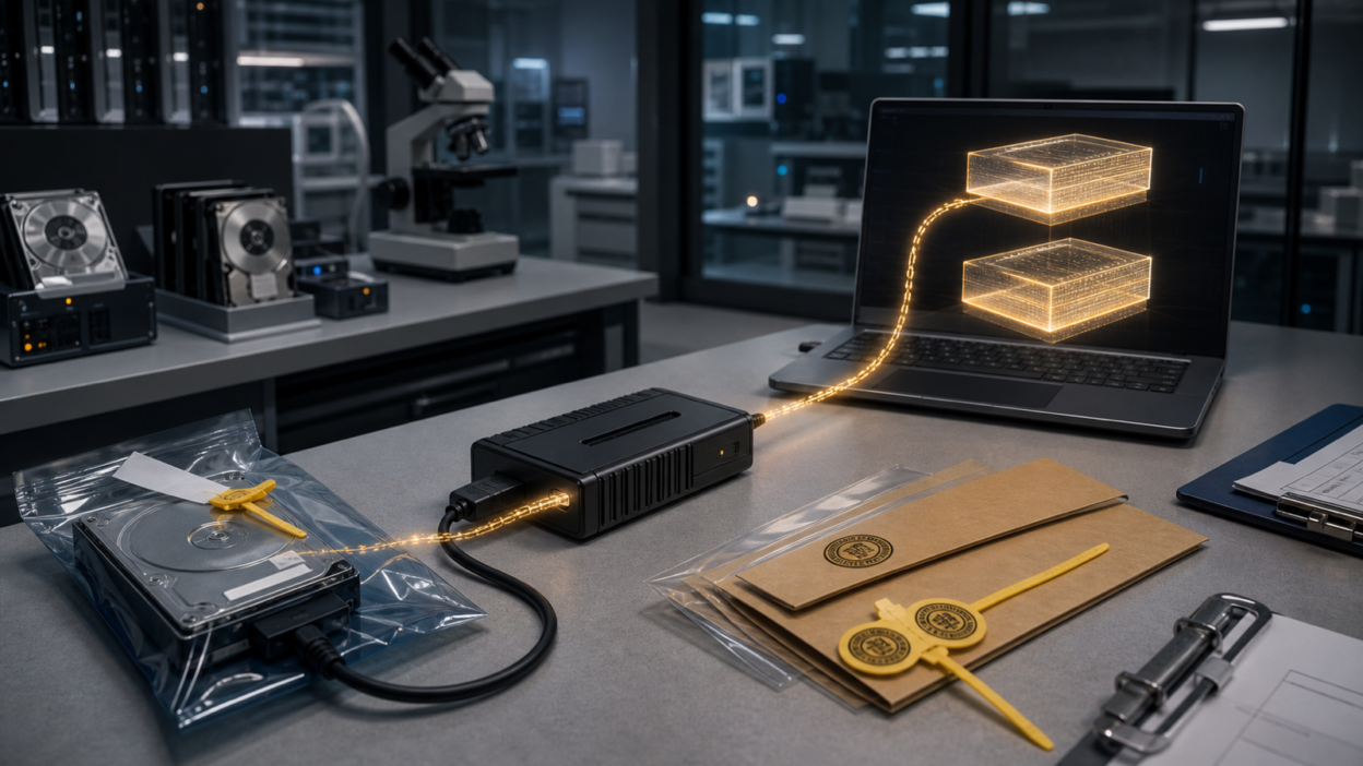 Forensik-Testlabor mit Datenträger, Hardware-Schreibblocker und gesicherter Image-Kopie