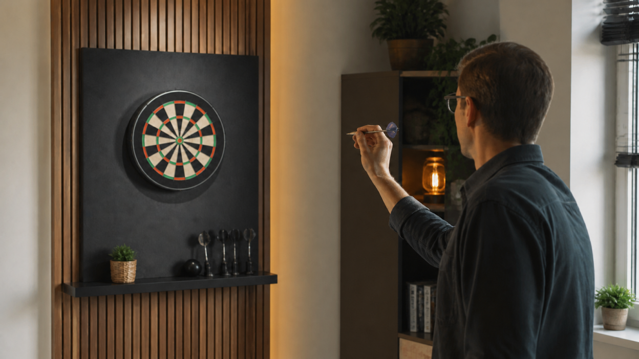 Ein Dartspieler zielt in einem modernen Hobbyraum auf eine Dartscheibe