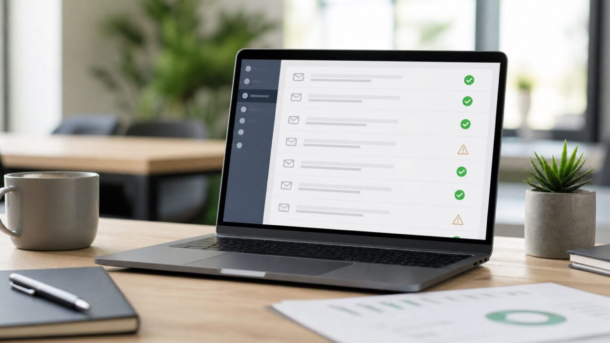 Laptop mit abstrakter Prüfliste für gültige und risikobehaftete E-Mail-Adressen
