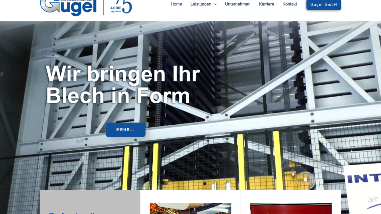Screenshot der Website von Gugel Blechverarbeitung mit einer industriellen Fertigungsanlage