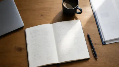 Schreibtisch mit Notizbuch, Prozessskizze, Laptop und Kaffeetasse