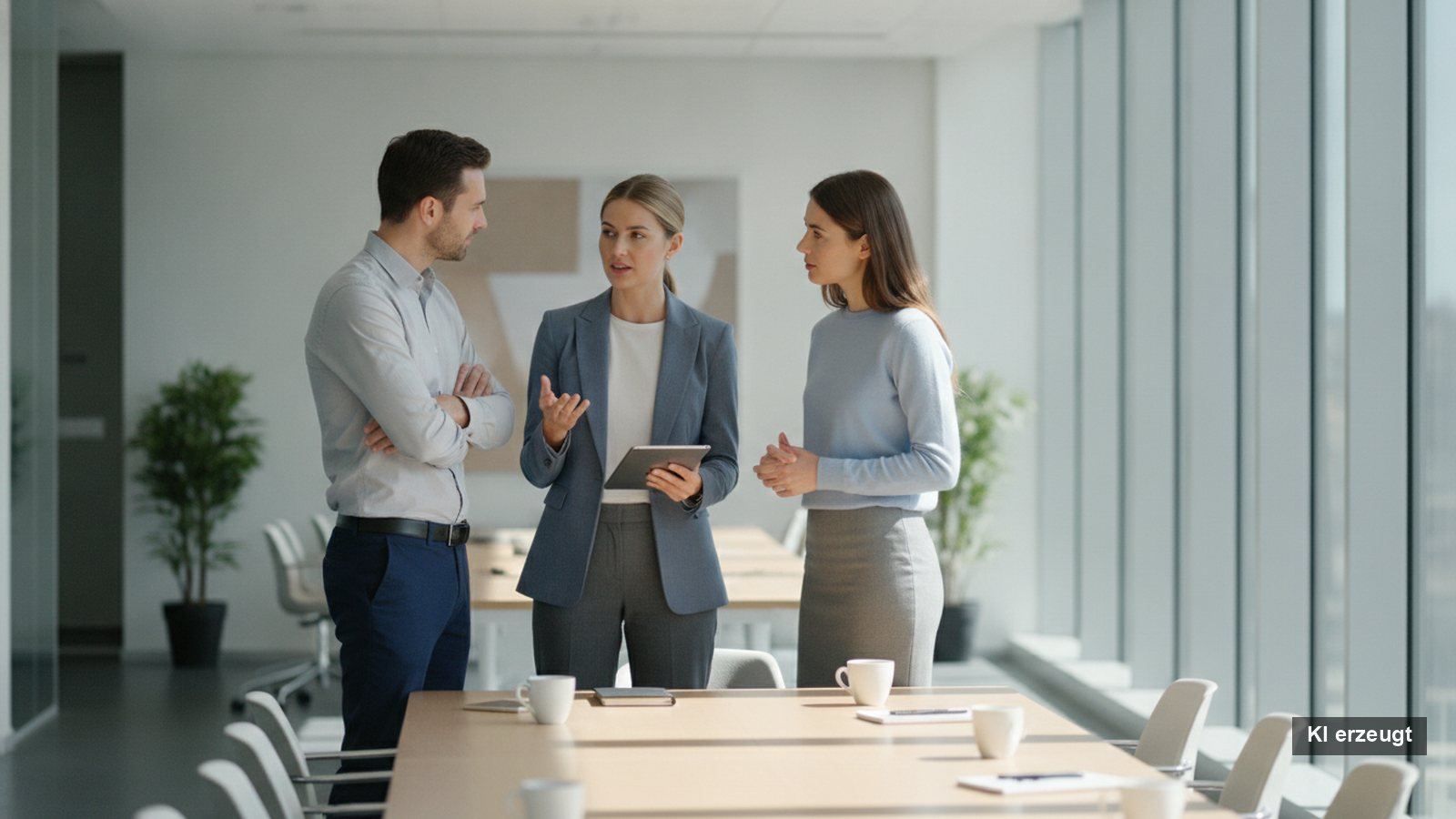 Drei Geschaeftsleute im Buero besprechen einen Kreditvergleich