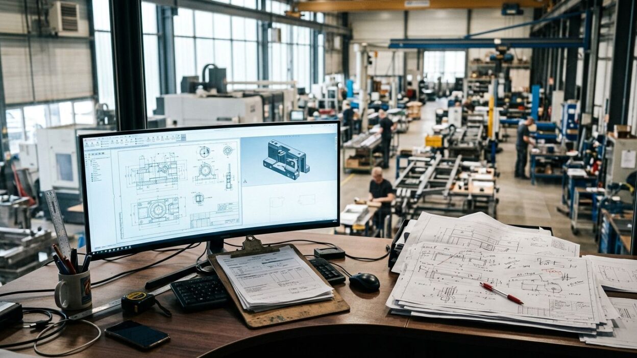 CAD-Arbeitsplatz mit Konstruktionszeichnungen in einer modernen Fertigungshalle
