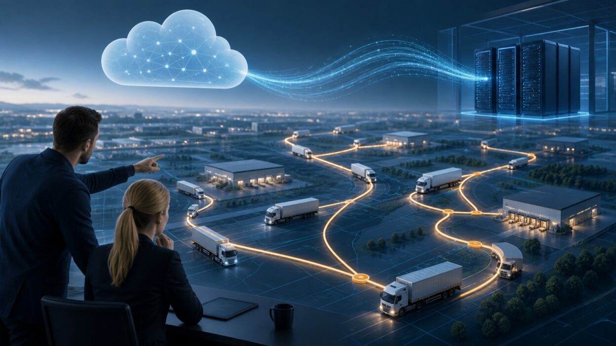 Vernetzte Transportflotte mit optimierten Routen zwischen Logistikzentren sowie Cloud- und Serverarchitektur
