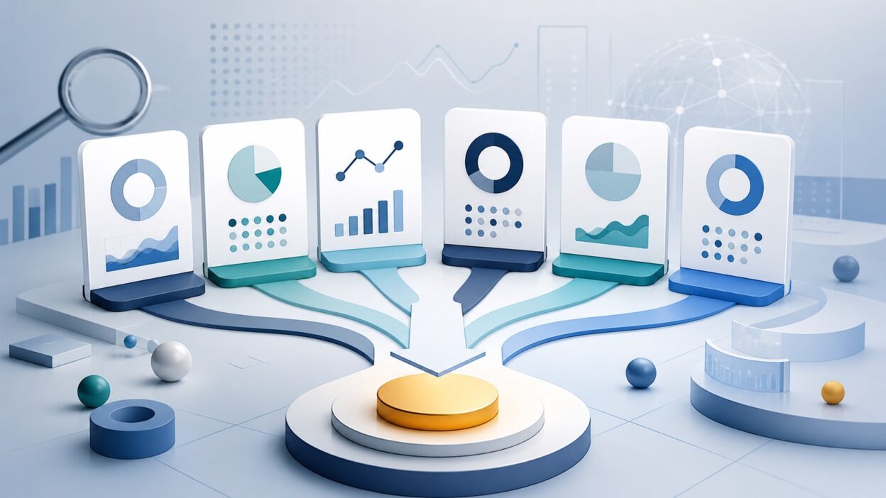Abstrakter Vergleich von sechs SEO-Analyseoptionen mit Diagrammen und Auswahlpfaden