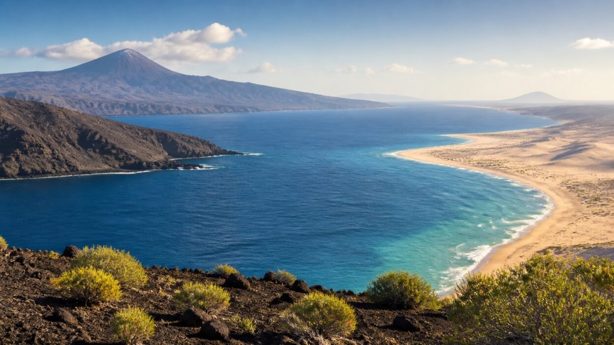 Kanarenlandschaft mit Vulkan, Atlantik und heller Sandküste als Vergleich der Inseltypen