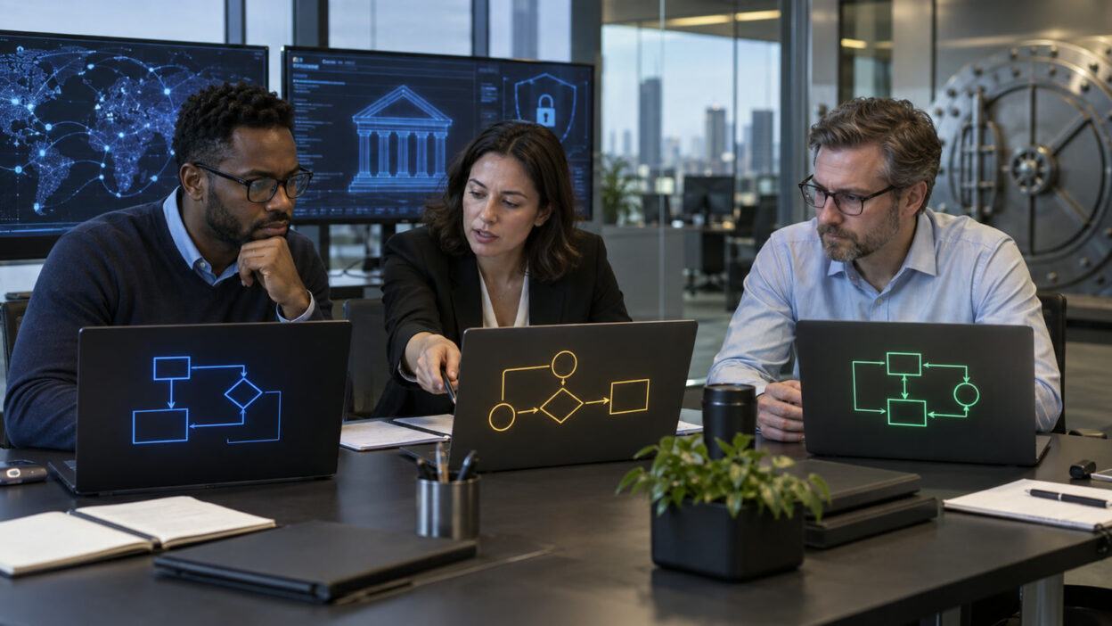 Business-Szene zu PowerShell Python VBA Finanzsektor mit sicherer Prüfung digitaler Automationen