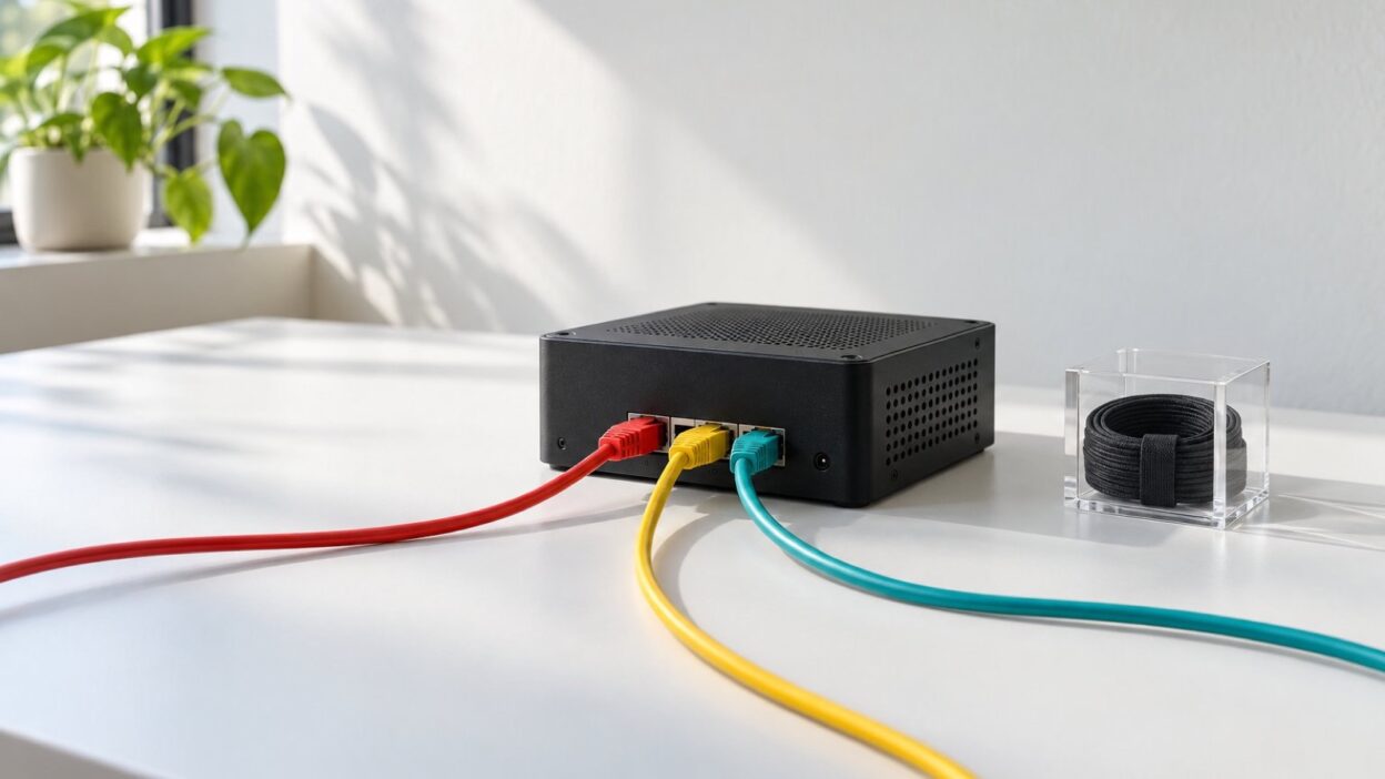 Kompakter Server mit drei farbigen Netzwerkkabeln auf einem hellen Schreibtisch