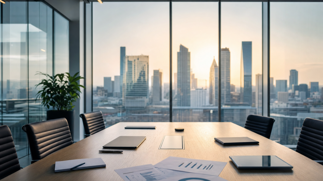 Moderner Konferenzraum mit Blick auf eine Skyline und Unterlagen zur Datenanalyse auf dem Tisch