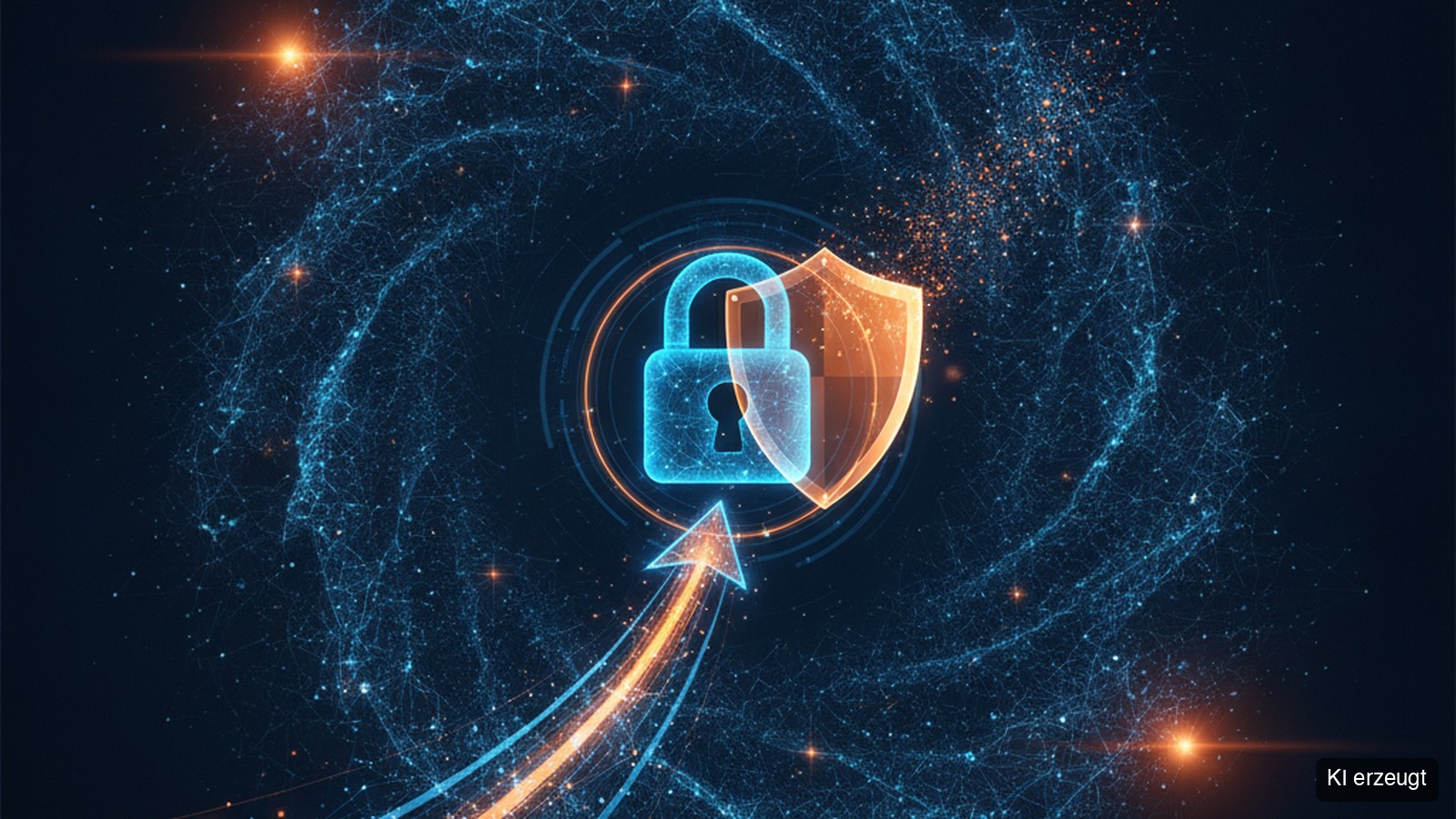 Symbolbild Identity Security: digitales Schloss und Schutzschild mit Wachstumspfeil