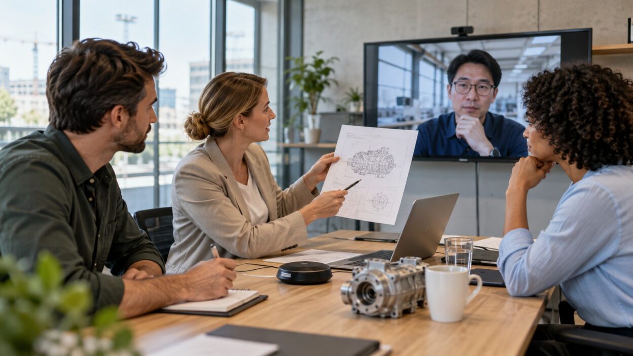 Team bespricht mit einem internationalen Kunden technische Unterlagen per Videokonferenz
