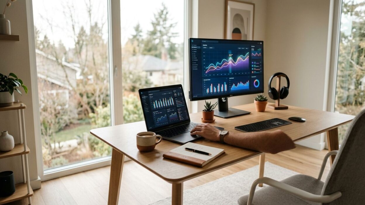 Remote arbeitender SAP-Berater an einem Arbeitsplatz mit Daten-Dashboards