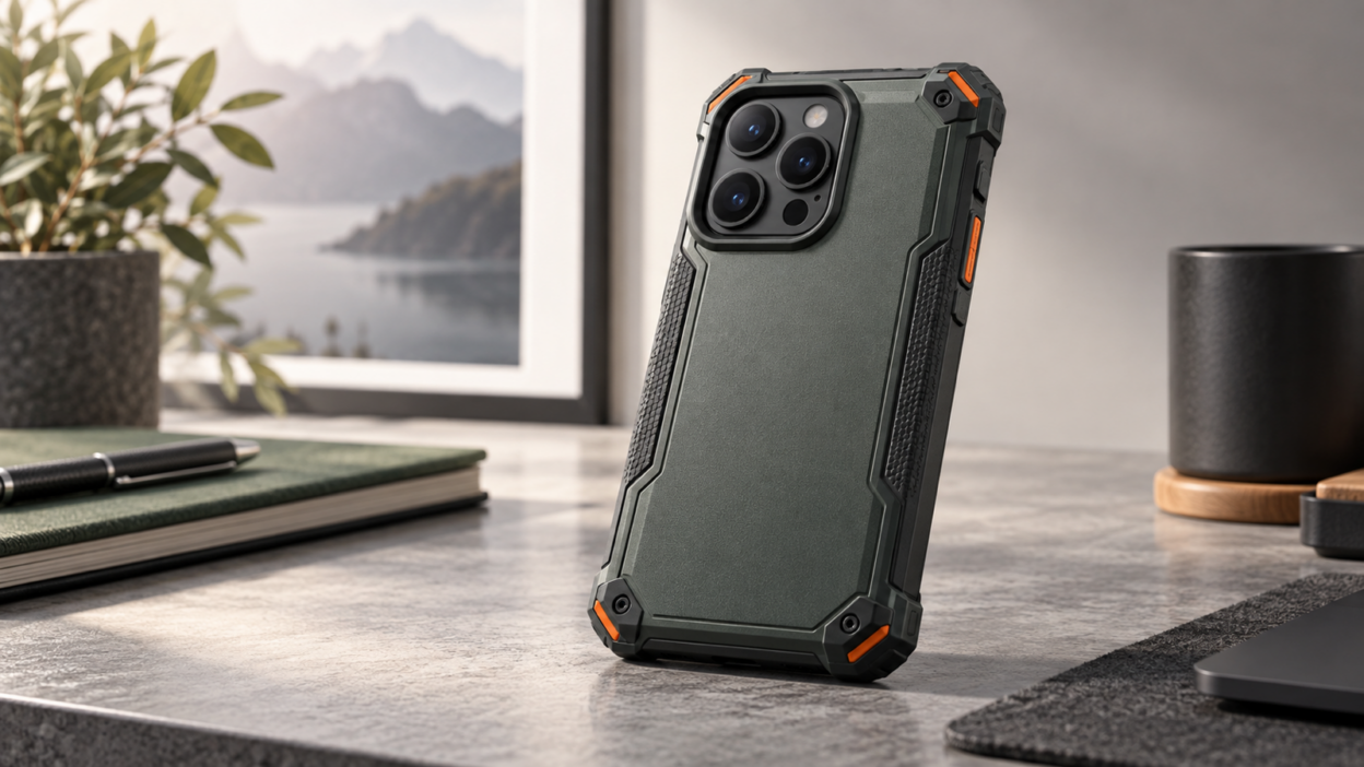 Robuste Schutzhülle an einem modernen Premium-Smartphone