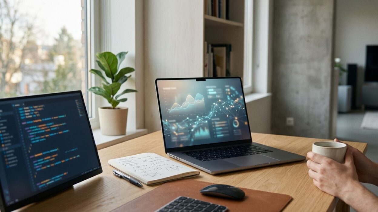 Arbeitsplatz mit Laptops zur Auswertung der KI-Sichtbarkeit von Marken