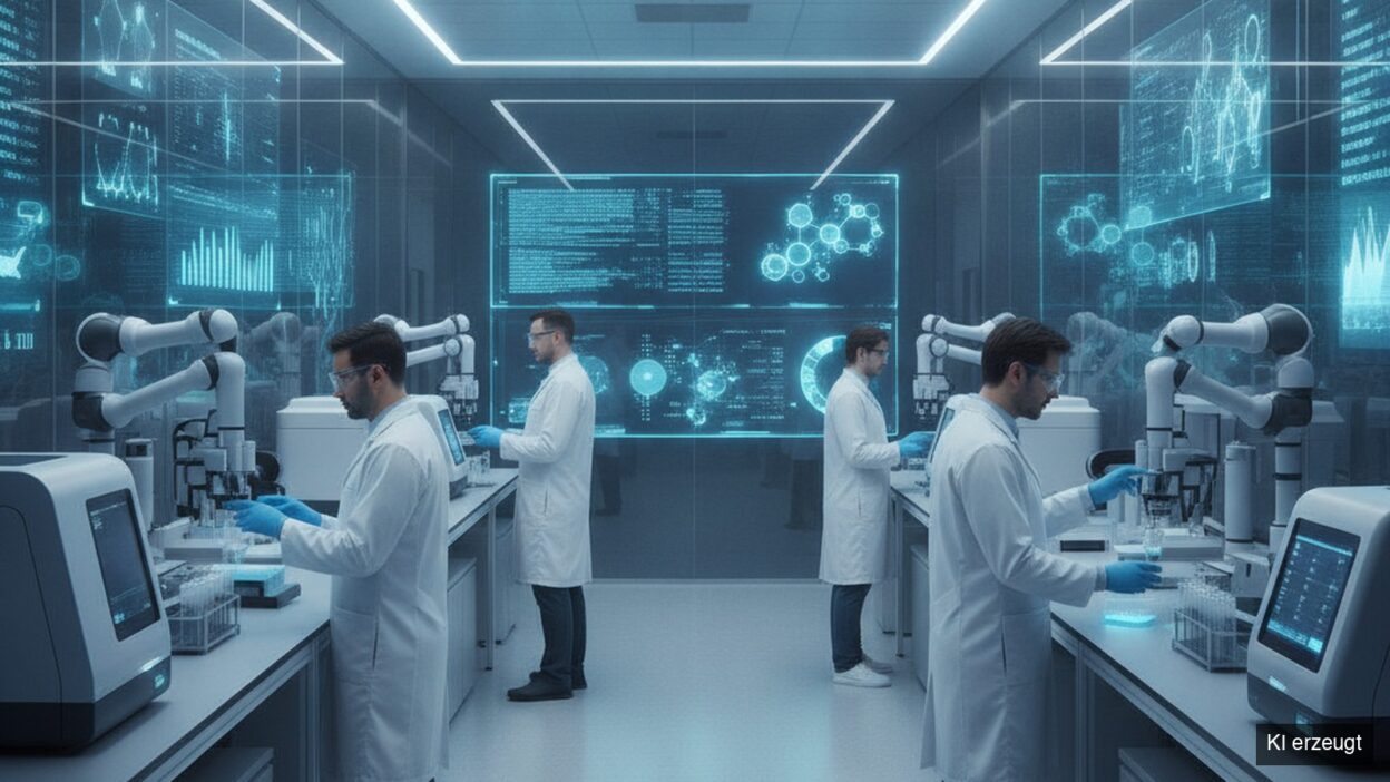 Wissenschaftler arbeiten mit automatisierten Laborsystemen und digitalen Datenanalysen in einem modernen Life-Sciences-Labor