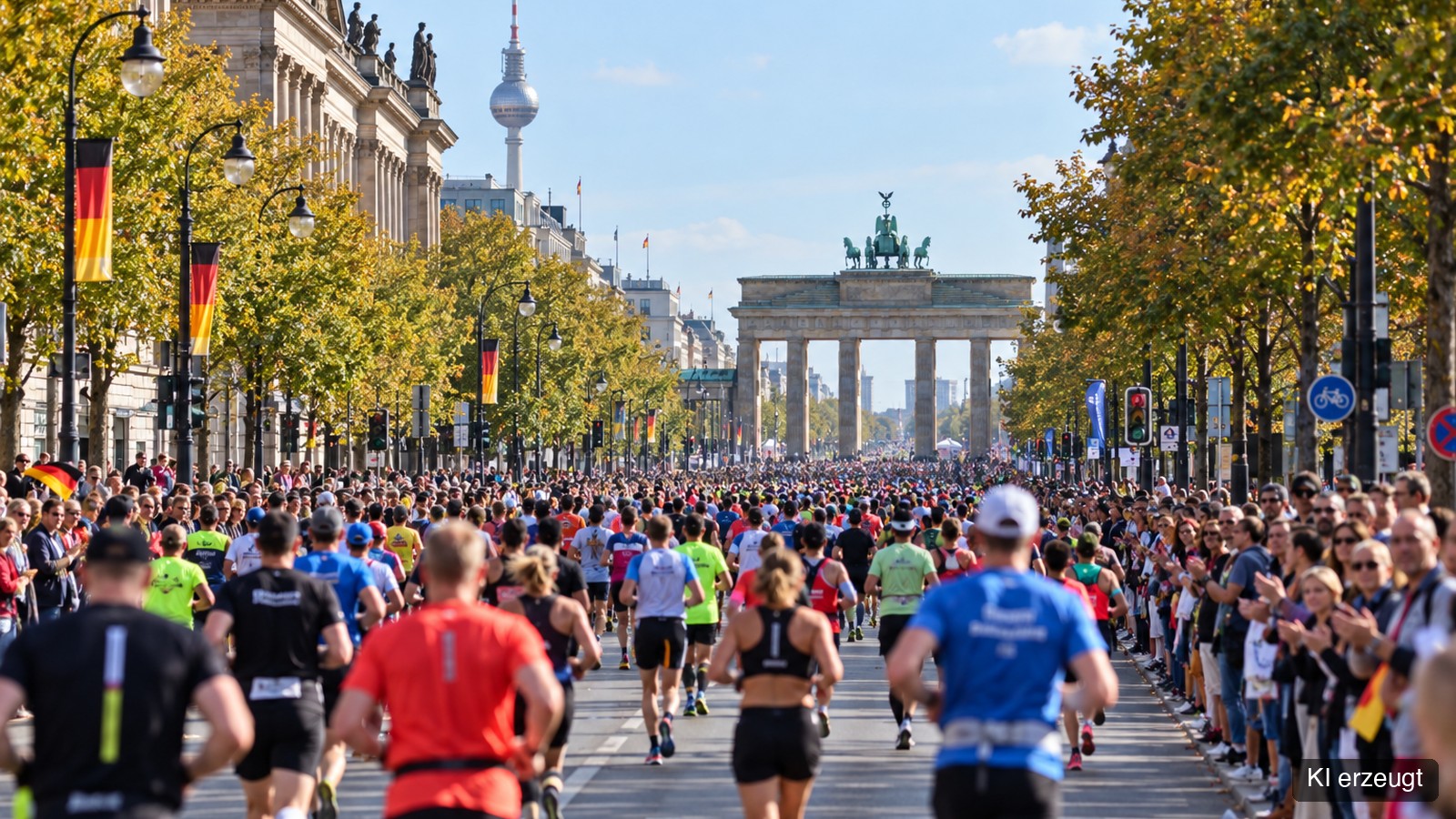Läuferfeld beim Berlin-Marathon auf der Straße des 17. Juni vor dem Brandenburger Tor