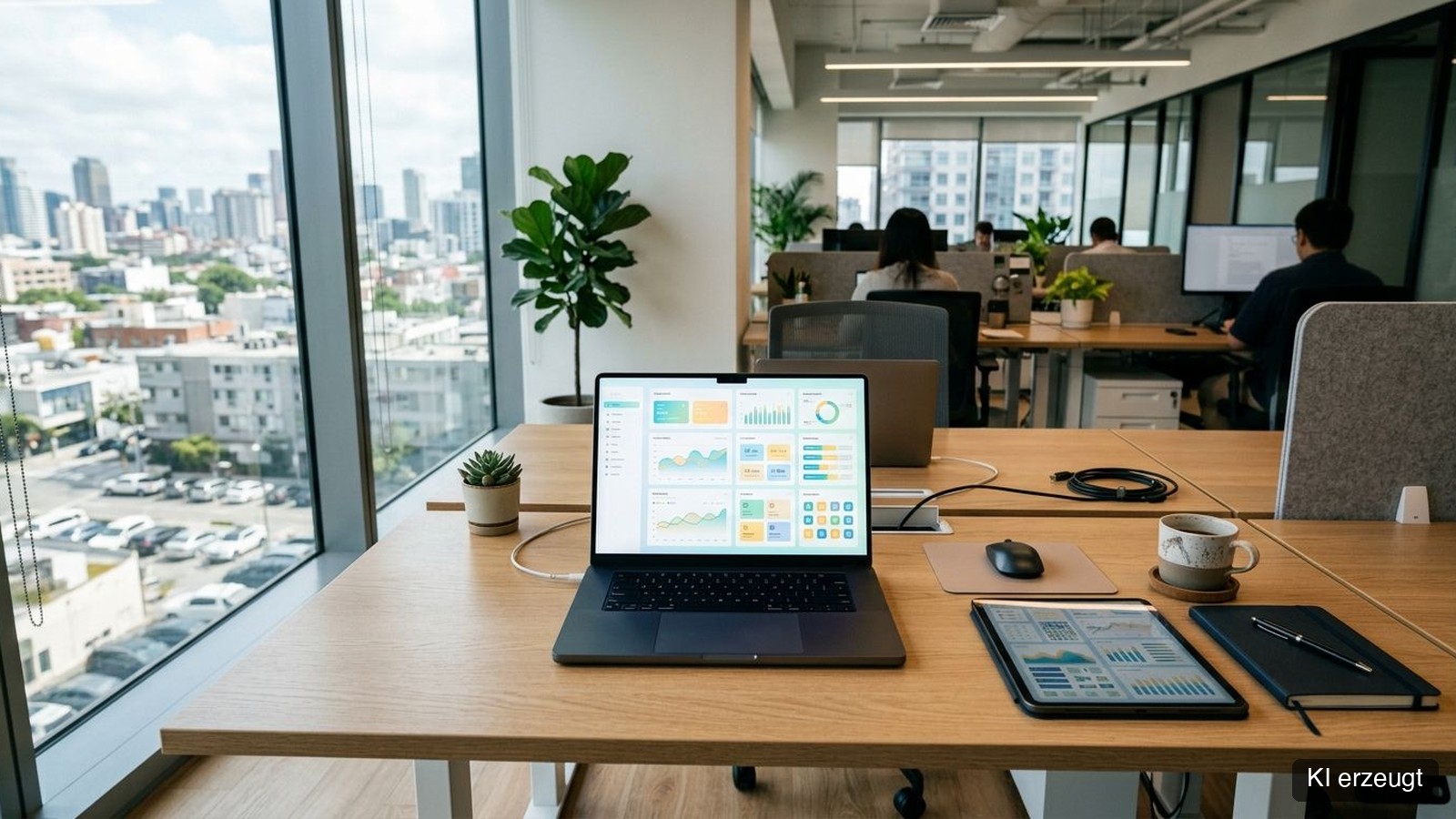 Laptop und Tablet mit Lizenz-Dashboard auf einem Schreibtisch in einem modernen Büro