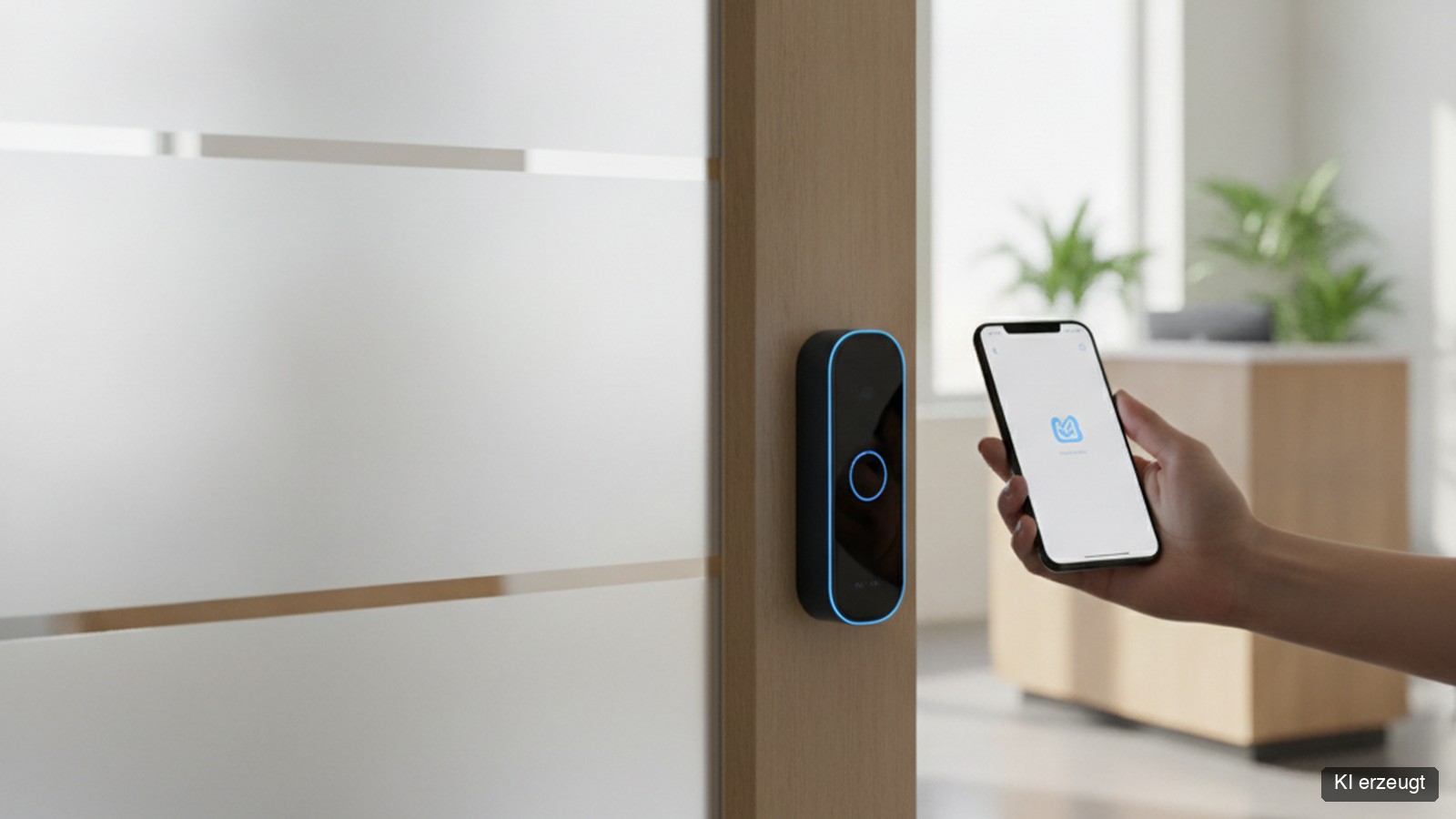 Hand entsperrt ein smartes Türschloss an einer Bürotür per Smartphone