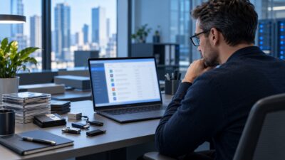 Ein IT-Administrator prüft ältere Office-Komponenten an einem Laptop.