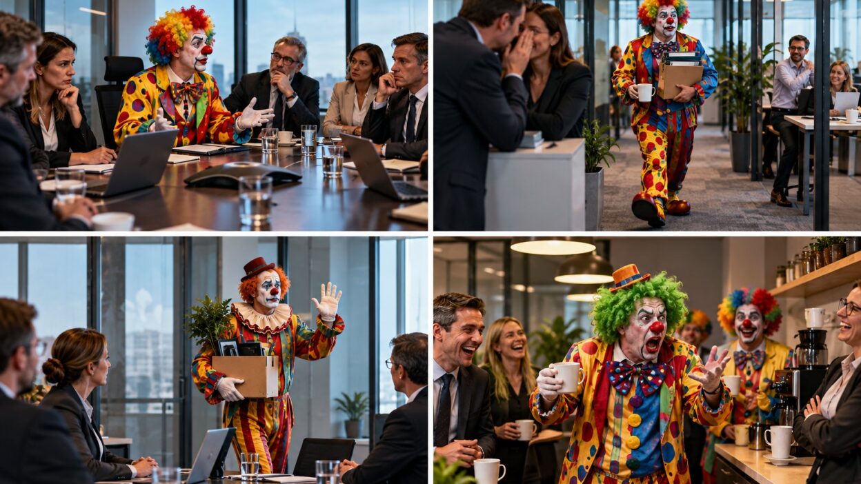 Clowns in Kostümen im Meeting, im Flur, beim Abschied und in der Kaffeeküche eines Büros
