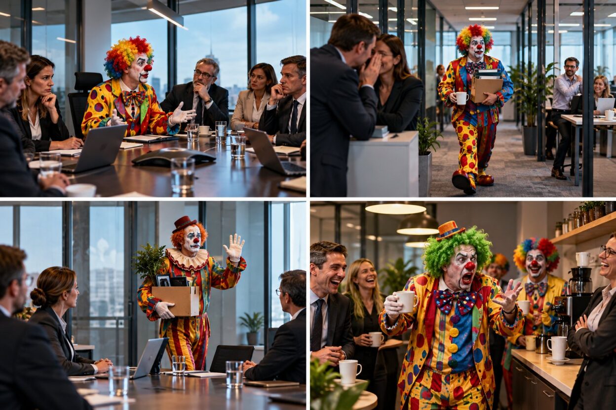 Clowns in Kostümen im Meeting, im Flur, beim Abschied und in der Kaffeeküche eines Büros