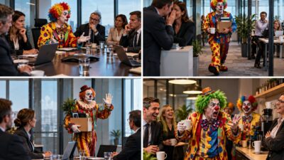 Clowns in Kostümen im Meeting, im Flur, beim Abschied und in der Kaffeeküche eines Büros