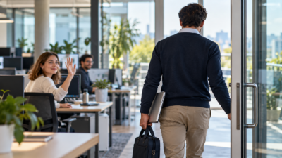 Ein Mitarbeiter verabschiedet sich ruhig aus einem modernen Büro.