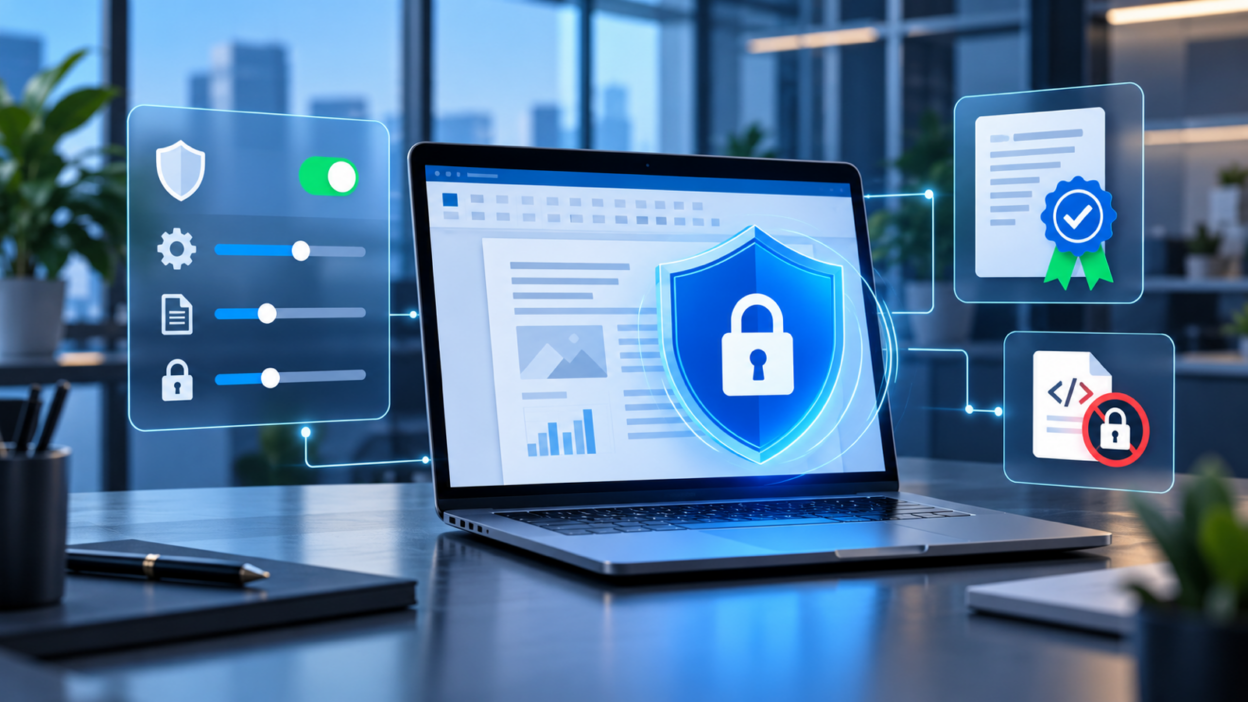 Abstrakte Darstellung des Microsoft Trust Centers mit geschütztem Office-Dokument und Sicherheitseinstellungen