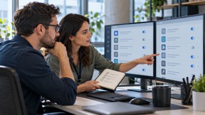 Zwei IT-Fachkräfte erfassen Software-Erweiterungen an Monitoren.