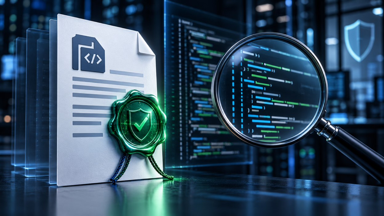 Digital signiertes VBA-Dokument neben einer Lupe zur getrennten Prüfung des Makrocodes