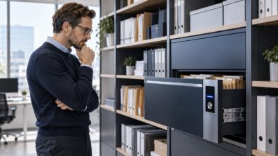 Ein Fachmitarbeiter vergleicht kontrollierte Ablagen mit offen zugänglichen Regalen.